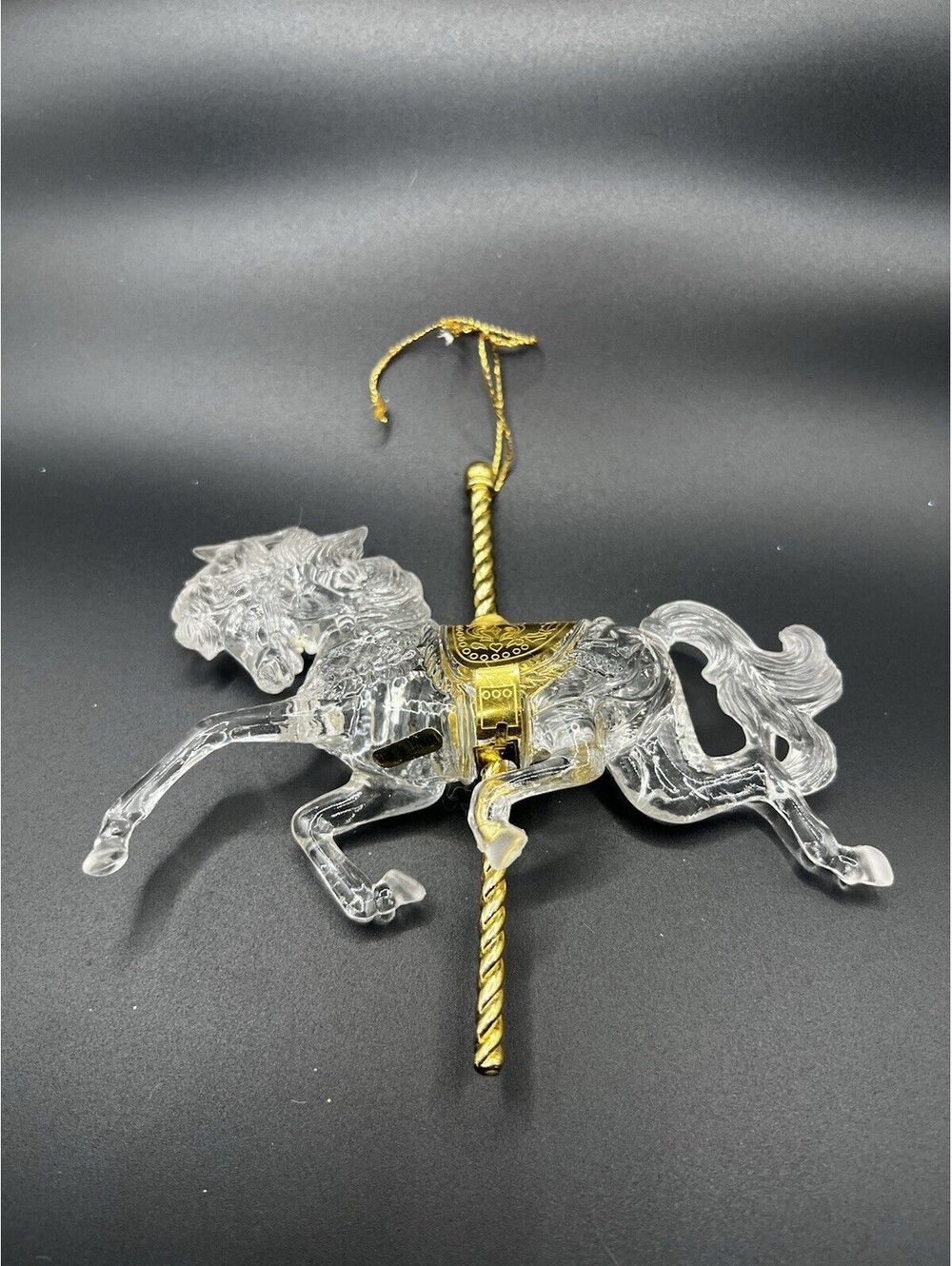 VTG Clear Acrylic Carousel Horse Christmas Ornament Gold Details